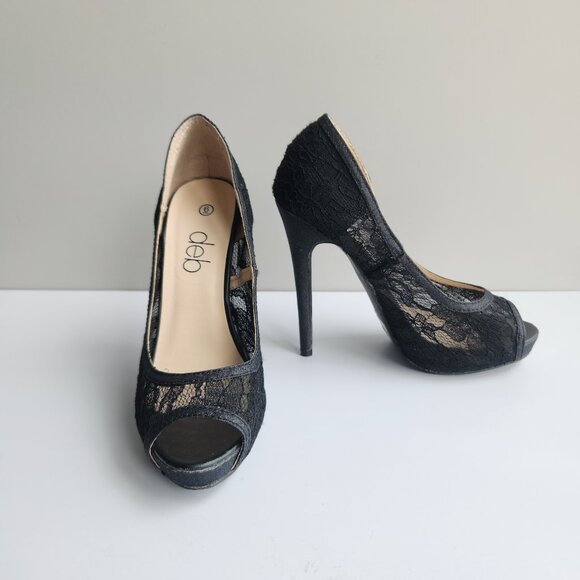 deb Size 6 Black Partial See-Through Lace Simple Pumps Stiletto Heel Peep Toe - Picture 1 of 9
